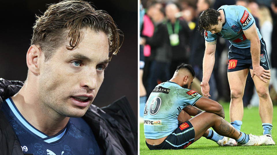 Cameron Murray looks on during Origin and Murray helps a teammate up.