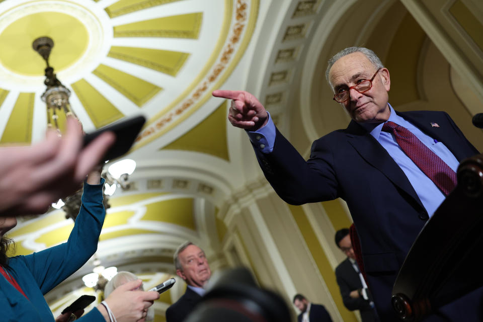 Senate Majority Leader Chuck Schumer speaks to reporters following the Senate weekly policy luncheons, at the U.S. Capitol on December 6, 2022. (Photo by Kevin Dietsch/Getty Images)