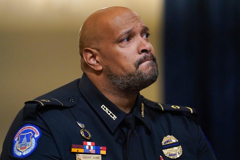 File: U.S. Capitol Police officer Harry Dunn becomes emotional during the Select Committee investigation of the January 6, 2021 attack on the Capitol, during its first hearing on Capitol Hill in Washington, DC, on July 27, 2021. / Credit: ANDREW HARNIK/POOL/AFP via Getty Images