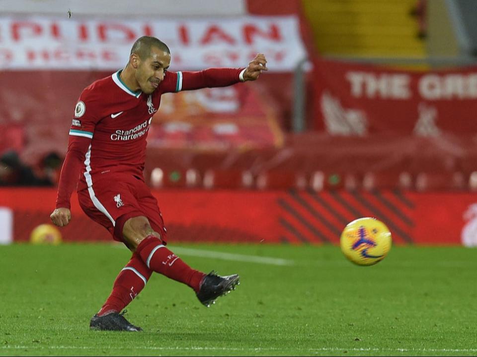 Thiago in action against Manchester UnitedLiverpool FC via Getty Images