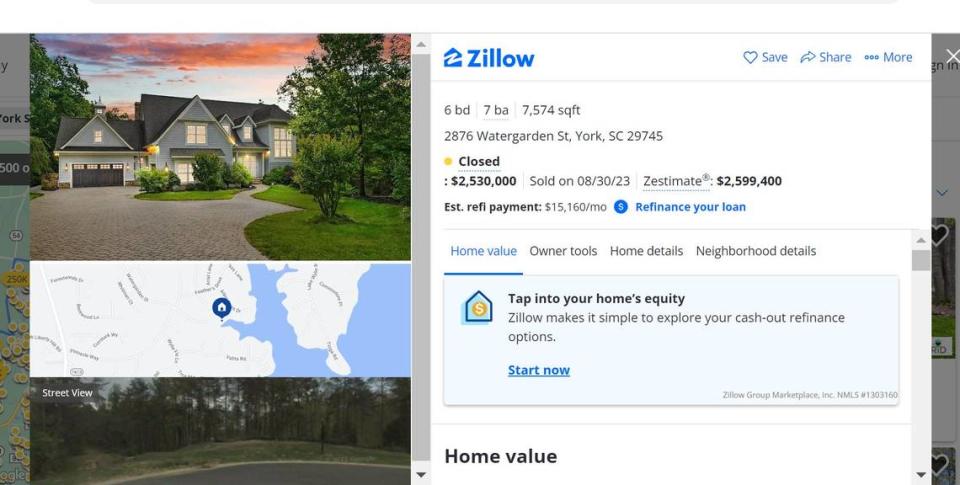 A Lake Wylie home on Watergarden Street sold last year for more than $2.5 million. Zillow screengrab