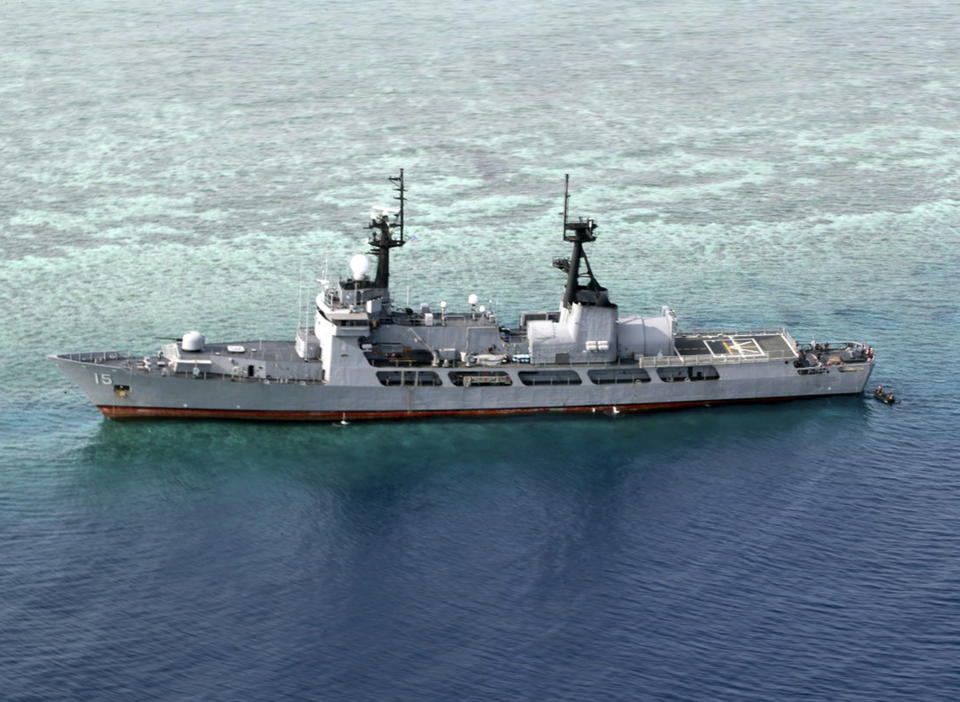 FILE - In this Aug. 29, 2018, file photo provided by the Armed Forces of the Philippines, the Philippine Navy ship BRP Gregorio del Pilar is seen after it ran aground during a routine patrol in the vicinity of Half Moon Shoal off the disputed Spratlys Group of islands in the South China Sea. The Philippine navy extricated one of its largest warships from the shoal where it ran aground in August near a hotly disputed region in the South China Sea. (Armed Forces of the Philippines via AP, File)