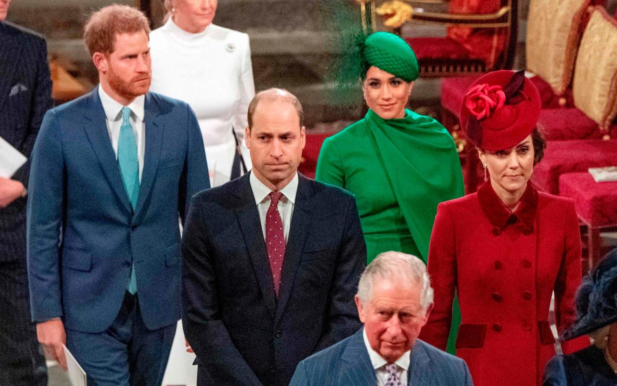 The Sussexes and Cambridges at the annual Commonwealth Service in London last year, which was the last time they were publicly seen together - AFP