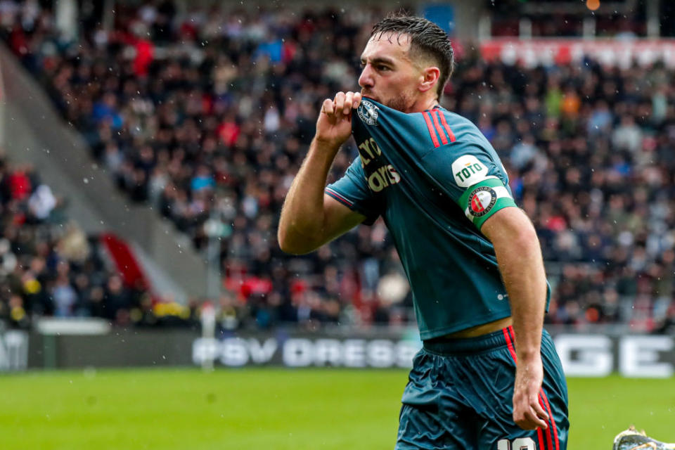 Orkun Kokcu of Feyenoord celebrating scoring his sides third goal during the Dutch Eredivisie match between PSV Eindhoven and Feyenoord at Phillips Stadion on September 18, 2022 in Eindhoven, Netherlands