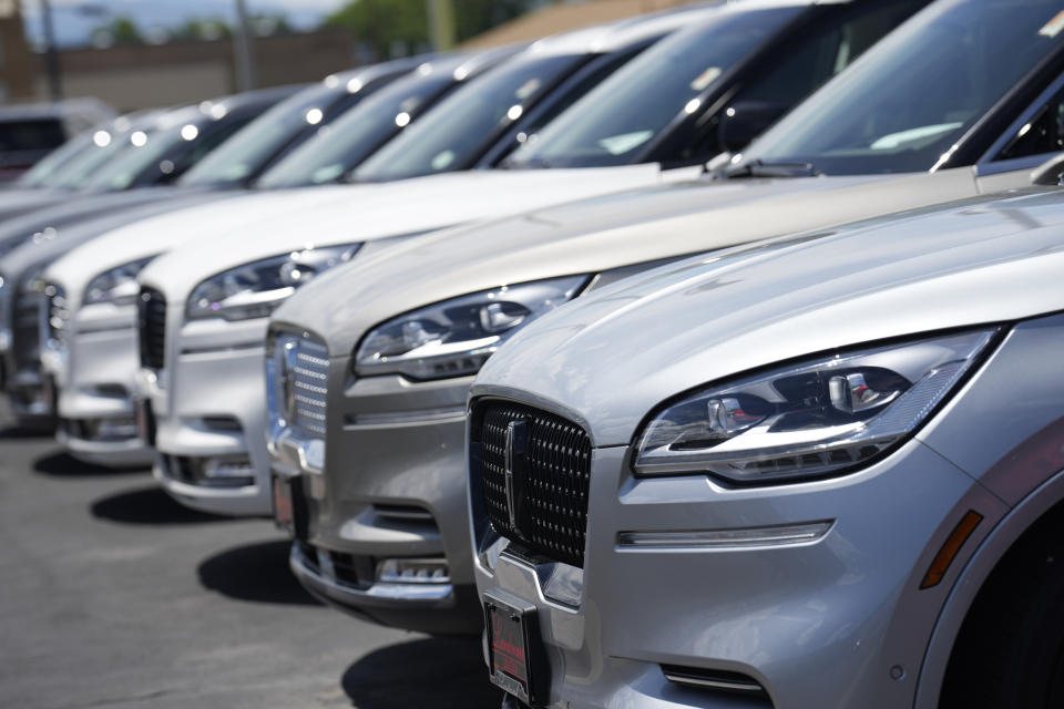 Unsold 2023 Aviator sports-utility vehicles are displayed at a Lincoln dealership Sunday, June 18, 2023, in Englewood, Colo. U.S. automobile sales continued to recover from the global chip shortage in the first half of the year as increased production drove up supplies on dealer lots and buyers responded. (AP Photo/David Zalubowski)