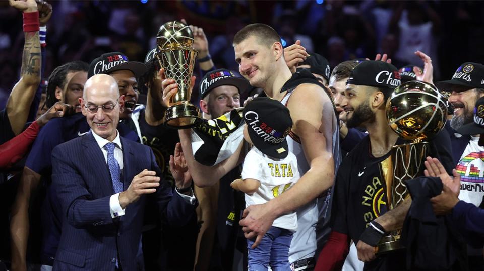 Nikola Jokic celebrates winning the NBA championship and Finals MVP with the Denver Nuggets (Getty)
