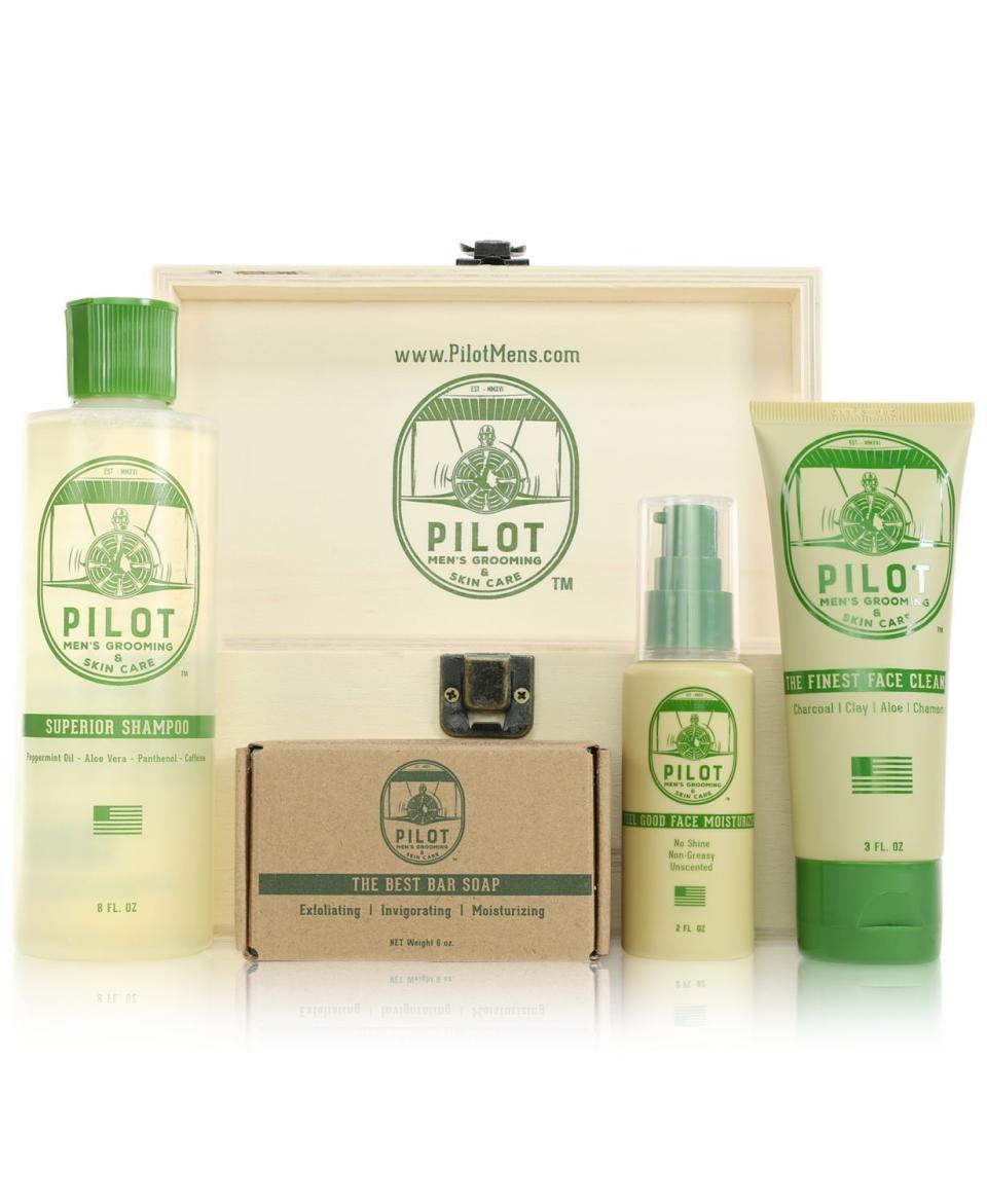 <p><strong>Pilot Men's Grooming & Skin Care</strong></p><p>macys.com</p><p><strong>$57.00</strong></p><p>Grooming entails self-care and healthy practices that keep you looking and feeling well. You can ensure about as much with this fully-loaded set, which includes shampoo, face cleanser, moisturizer, and bar soap. And it all comes in a lovely wooden box. </p>