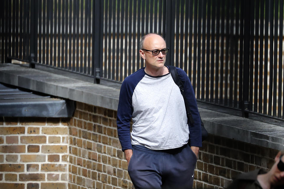 Dominic Cummings, the top aide to Britain's Prime Minister Boris Johnson, arrives at Downing Street the day after he gave a press conference over allegations he breached coronavirus lockdown restrictions in London, Tuesday, May 26, 2020. (AP Photo/Frank Augstein)