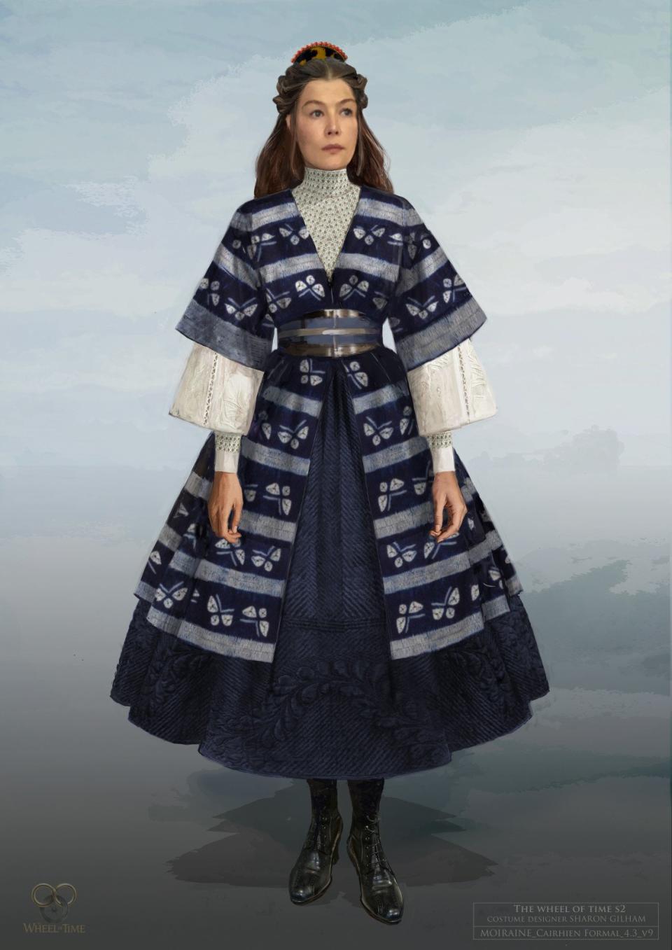 A costume sketch of Moiraine in a blue and white Cairhien robe for The Wheel of Time