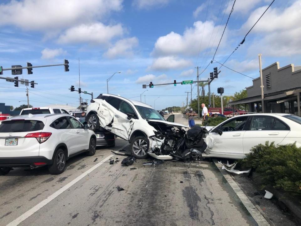 At least four vehicles were involved in a crash that sent two people to hospitals and closed northbound lanes of U.S. Highway at Aviation Boulevard for nearly two hours, Monday Jan. 10, 2022, according to police.