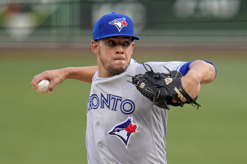 Toronto Blue Jays starting pitcher Jose Berrios delivers during the first inning of a baseball game against the Pittsburgh Pirates in Pittsburgh, Saturday, May 6, 2023. (AP Photo/Gene J. Puskar)