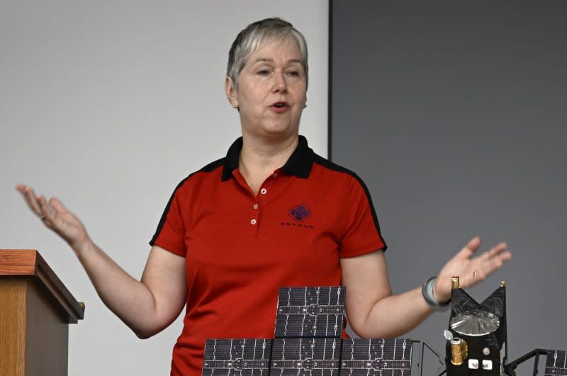 The principal Investigator for the Psyche program, Lindy Elkins-Tanton, from the University of Arizona, provides an update on the NASA Psyche mission at the Astrotech Space Operations Facility in Titusville, Fla. Photo by Joe Marino/UPI