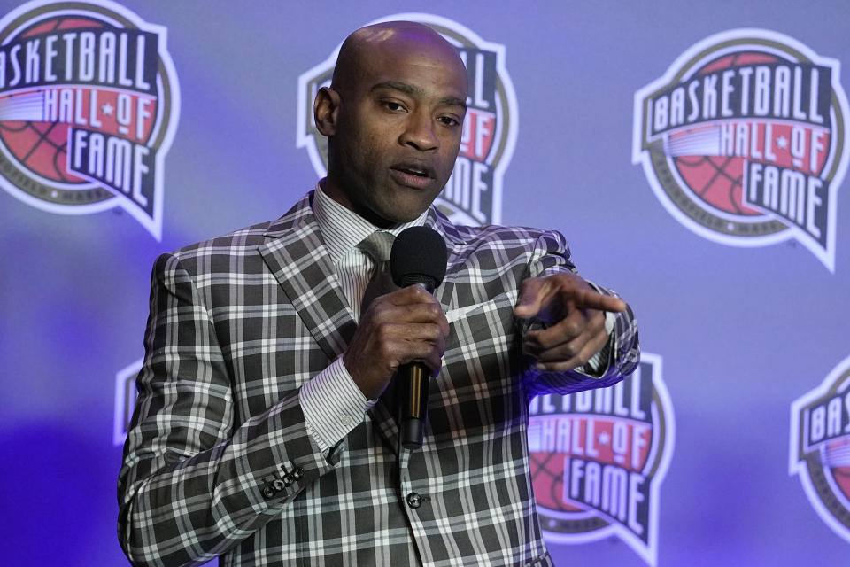 Vince Carter speaks during the Basketball Hall of Fame news conference Friday, Feb. 16, 2024, in Indianapolis. (AP Photo/Darron Cummings)