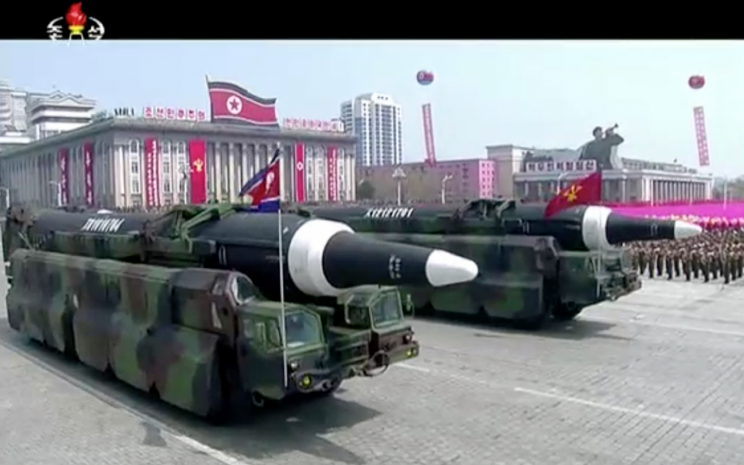 Missiles are paraded at Kim Il Sung Square in Pyongyang, (KRT via AP)