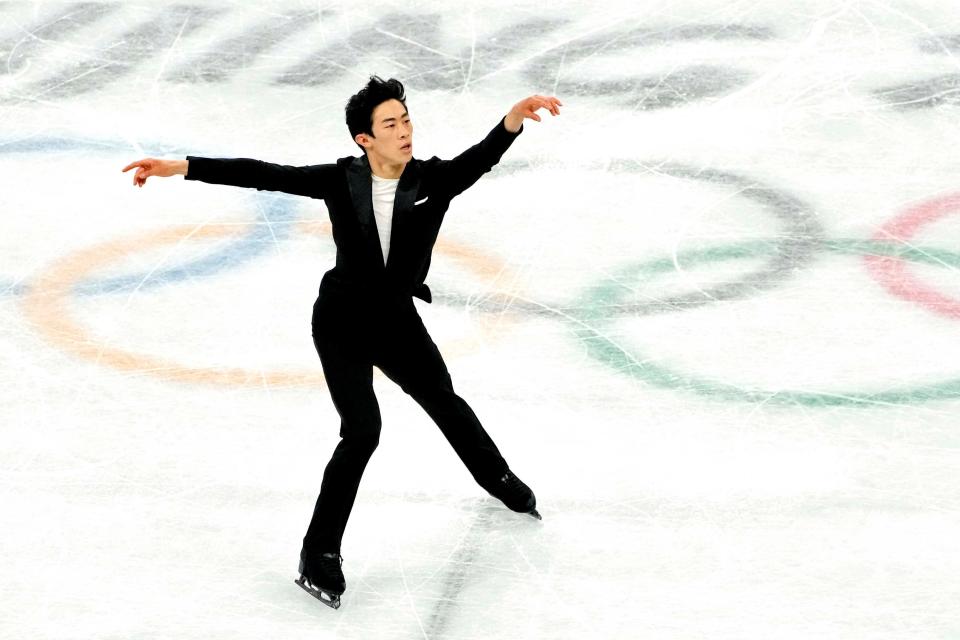 Nathan Chen (USA) competes in the team figure skating men&#x002019;s short program event during the Beijing Olympics. His score of 111.71 points was an international season best.
