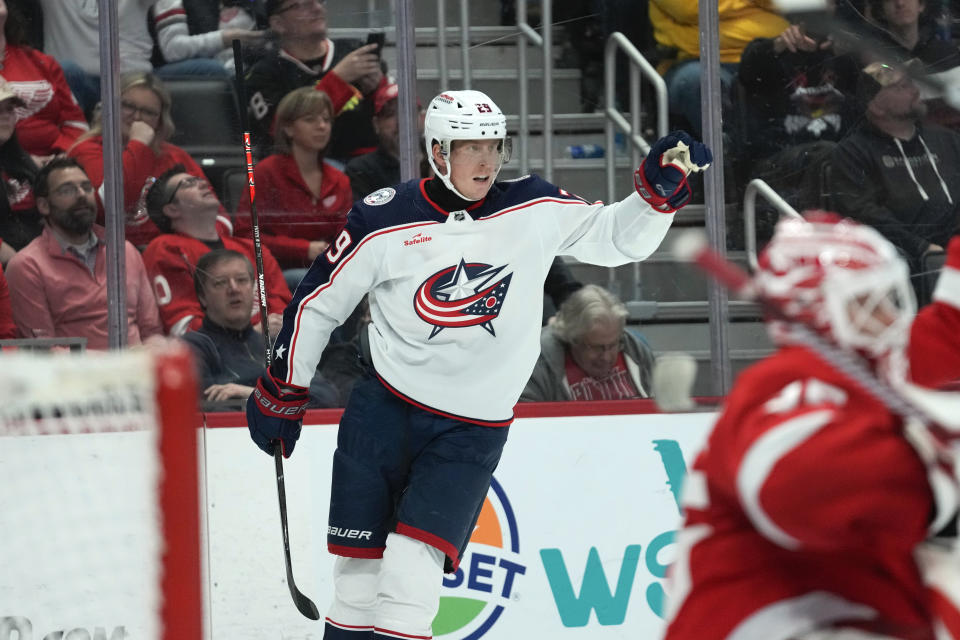 Columbus Blue Jackets right wing Patrik Laine (29) celebrates his goal against the Detroit Red Wings in the third period of an NHL hockey game Saturday, Nov. 11, 2023, in Detroit. (AP Photo/Paul Sancya)