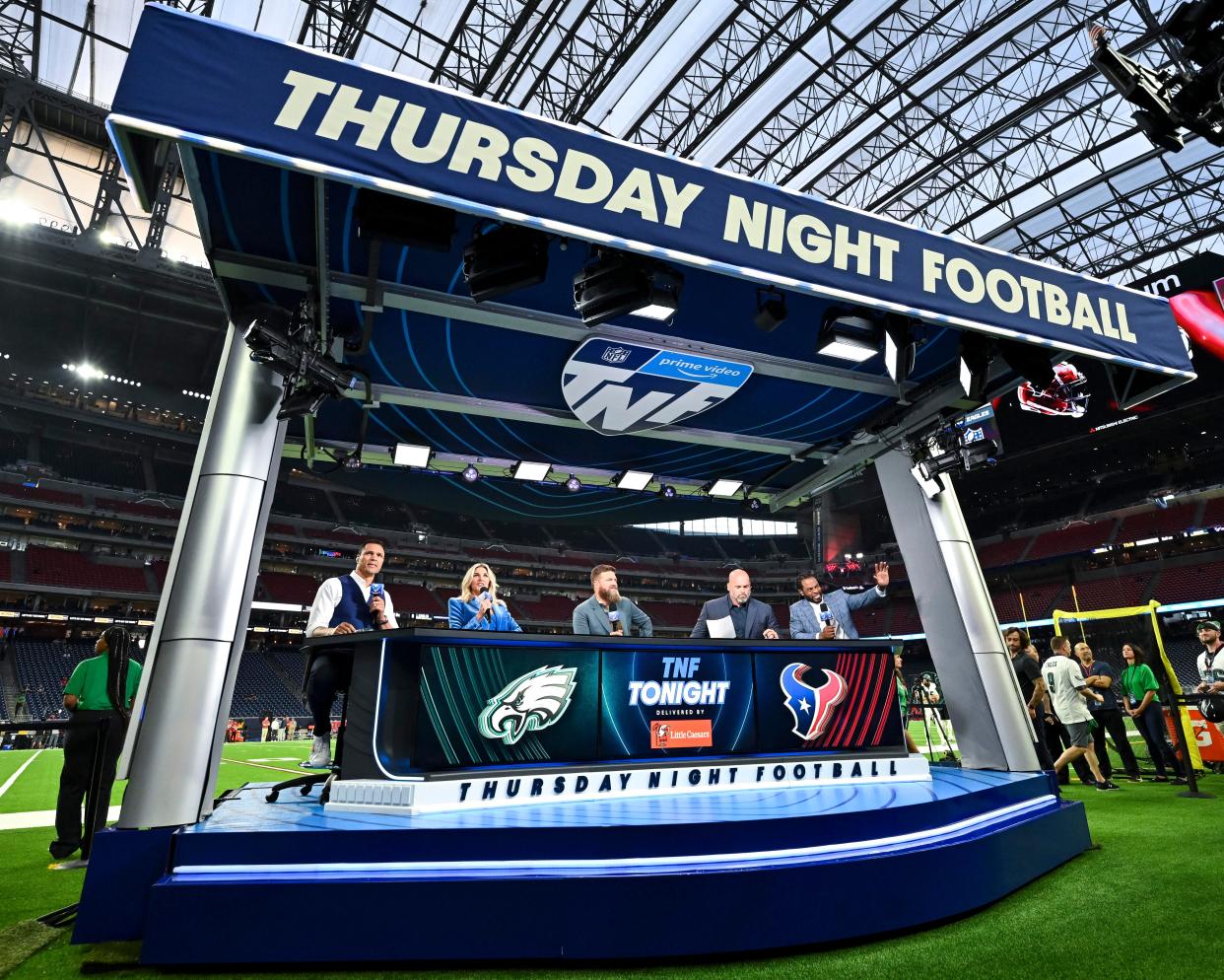 A view of the "Thursday Night Football" pregame show stage with Tony Gonzalez, Charissa Thompson, Ryan Fitzpatrick, Andrew Whitworth, Richard Sherman prior to the game between the Houston Texans and Philadelphia Eagles at NRG Stadium.