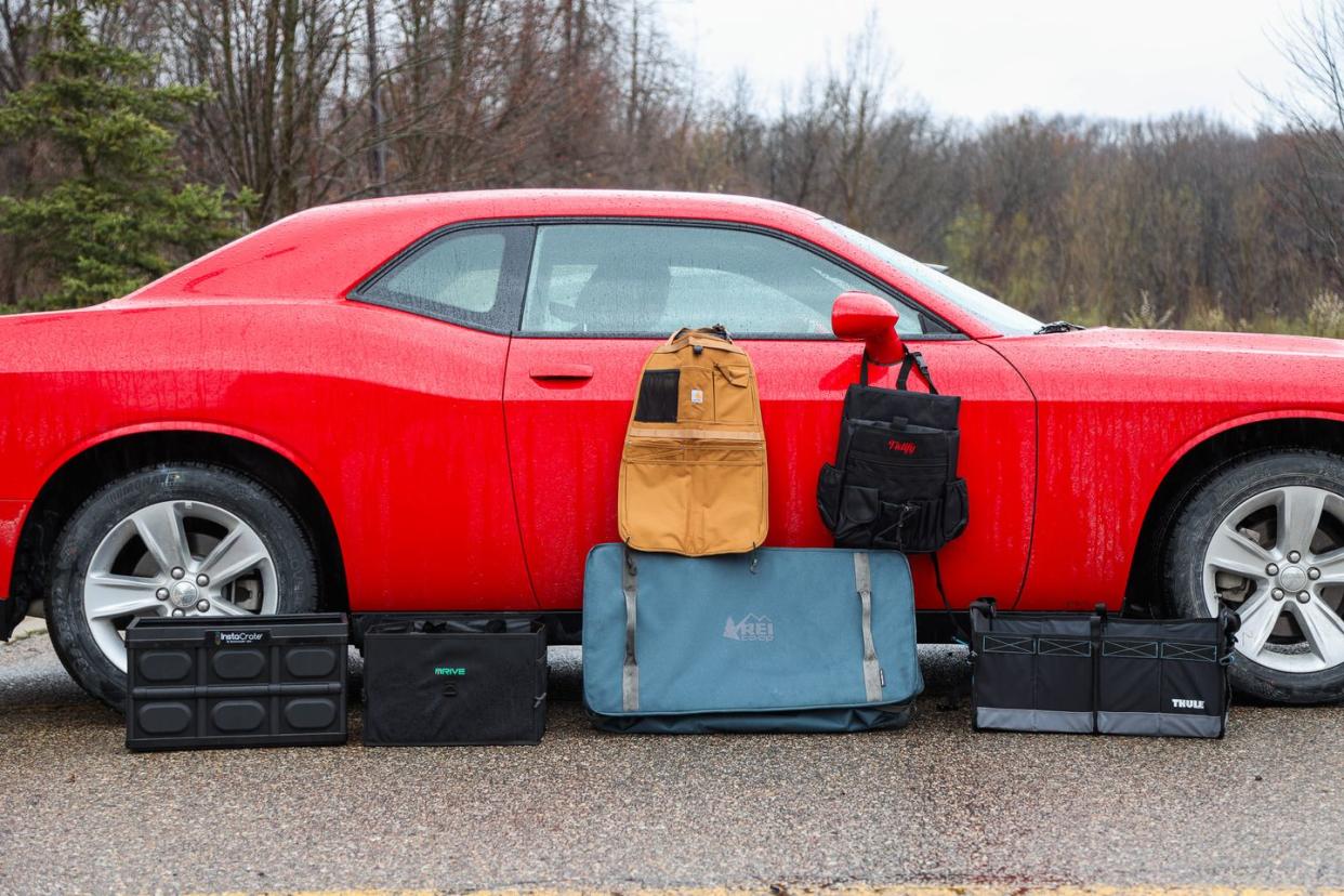 a red car with luggage