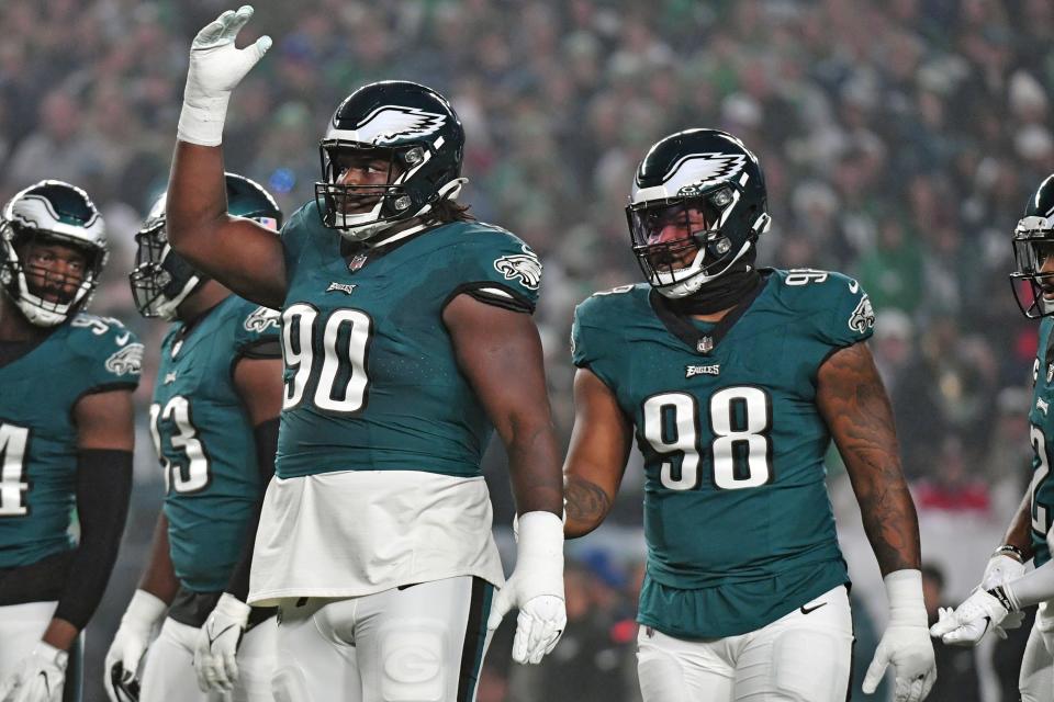 Philadelphia Eagles defensive tackle Jordan Davis (90) and defensive tackle Jalen Carter (98) against the San Francisco 49ers at Lincoln Financial Field.