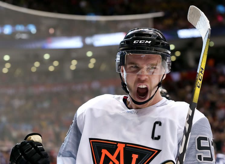 TORONTO, ON - SEPTEMBER 18: Connor McDavid #97 of Team North America celebrates a goal that would be overturned upon review against Team Finland during the World Cup of Hockey 2016 at Air Canada Centre on September 18, 2016 in Toronto, Ontario, Canada. (Photo by Andre Ringuette/World Cup of Hockey via Getty Images)