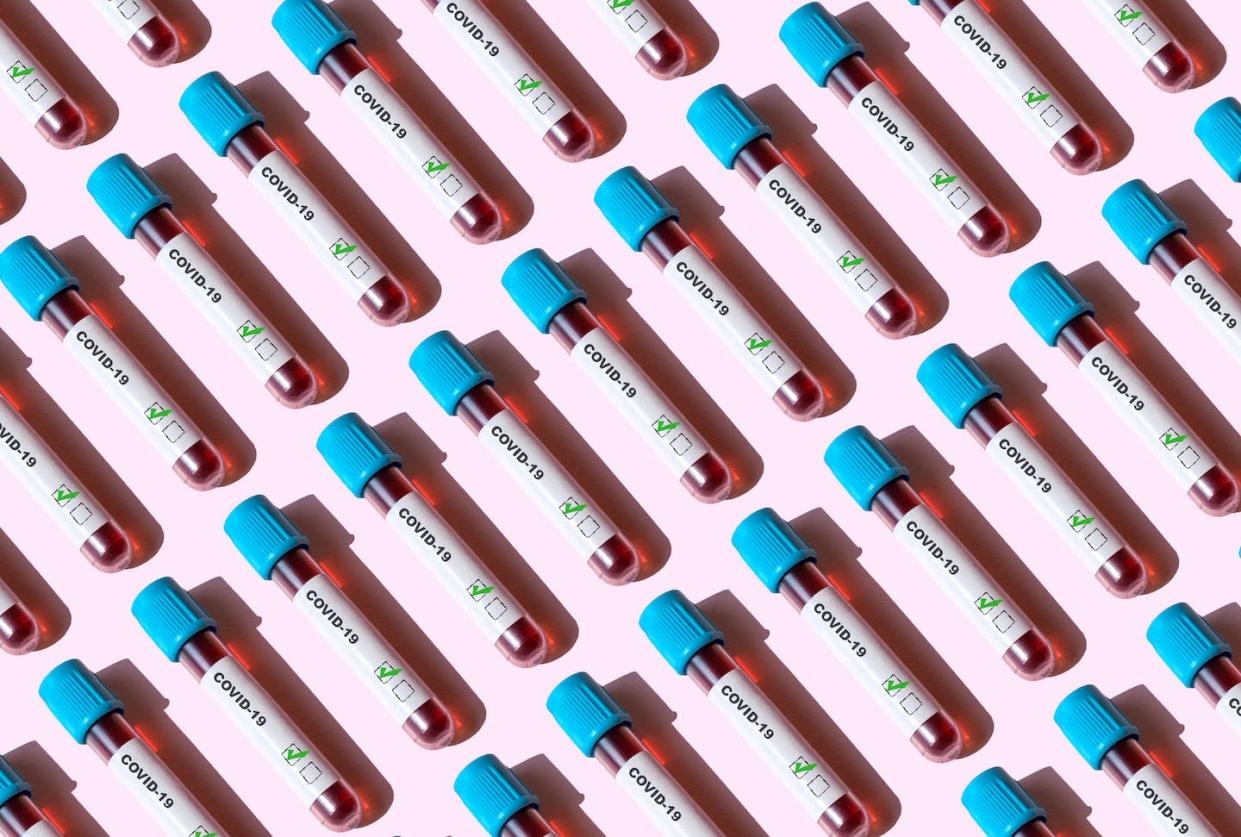 Infection and vaccination both leave their mark in your blood. <a href="https://www.gettyimages.com/detail/photo/covid-19-positive-test-tubes-on-the-pink-background-royalty-free-image/1225071884" rel="nofollow noopener" target="_blank" data-ylk="slk:Yulia Reznikov/Moment via Getty Images;elm:context_link;itc:0;sec:content-canvas" class="link ">Yulia Reznikov/Moment via Getty Images</a>