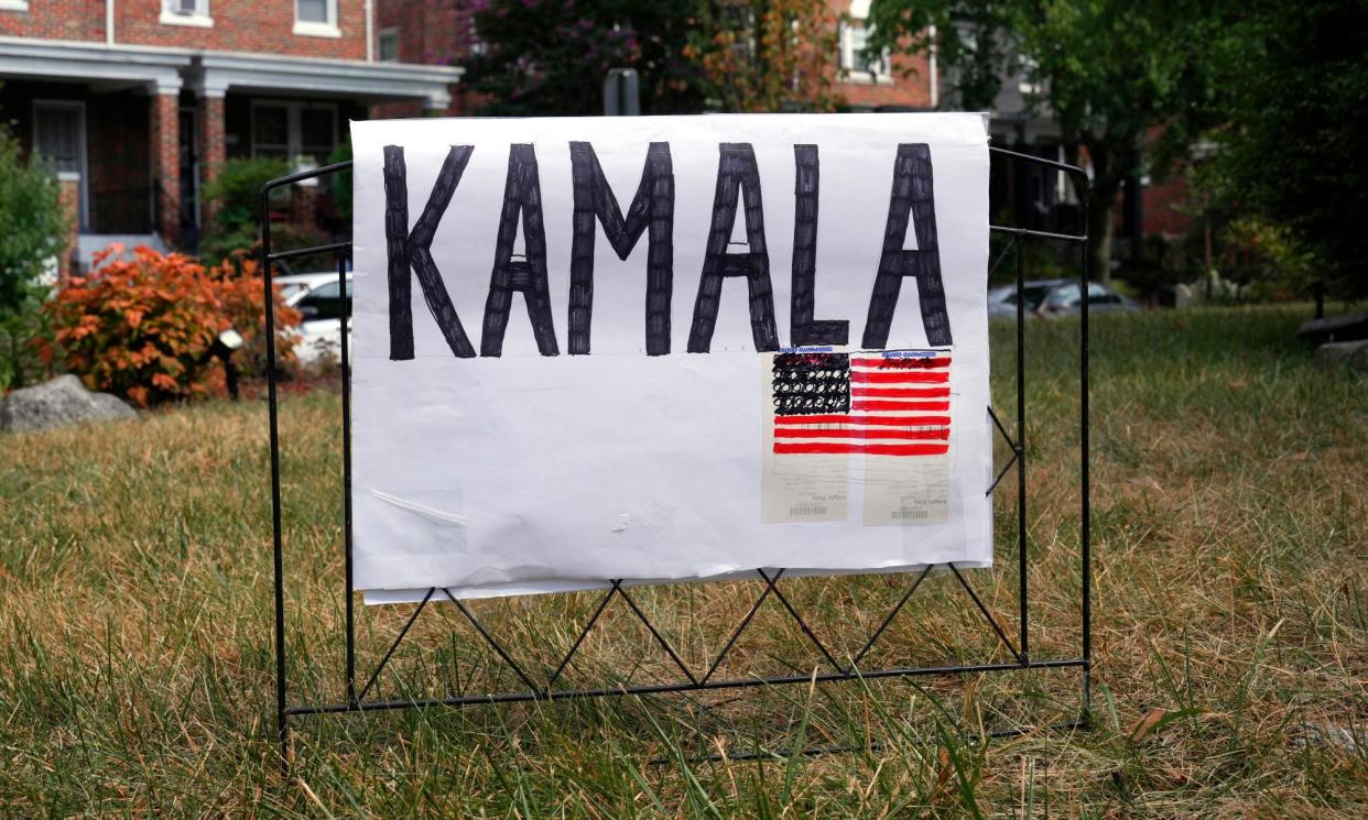 <span>A handmade sign in support of Kamala Harris on a lawn in Washington, on 21 July 2024.</span><span>Photograph: Jacquelyn Martin/AP</span>