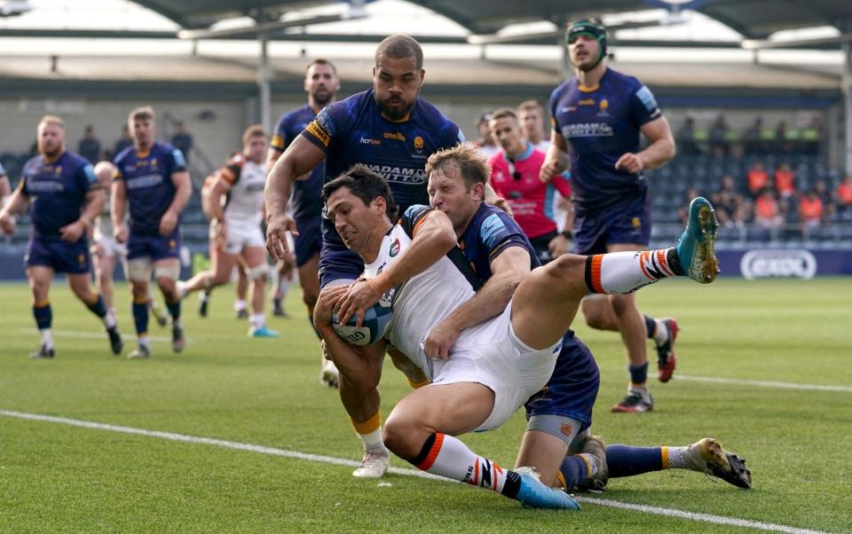 Leicester Tigers' Matias Moroni (centre right) scores a try during the Gallagher Premiership match at Sixways Stadium, Worcester. - PA