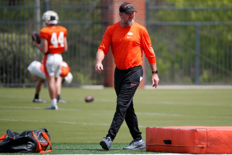Oklahoma State linebackers coach Joe Bob Clements during an OSU spring football practice in Stillwater, Oklahoma, Monday, April 17, 2023. 