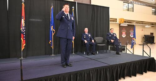 U.S. Air Force Col. Dillon R. Patterson salutes 188th Wing members, now under his command, during the change of command ceremony at Ebbing Air National Guard Base, Arkansas, June 11, 2023. Col. Patterson assumes command as the 17th wing commander, following Col. Jeremiah Gentry. (U.S. Air National Guard photo by Staff Sgt. Emmanuel Gutierrez