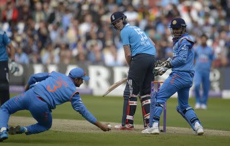 England's Ben Stokes looks back as he is caught by India's Suresh Raina during the third one-day international cricket match at Trent Bridge cricket ground, Nottingham, England August 30, 2014. REUTERS/Philip Brown