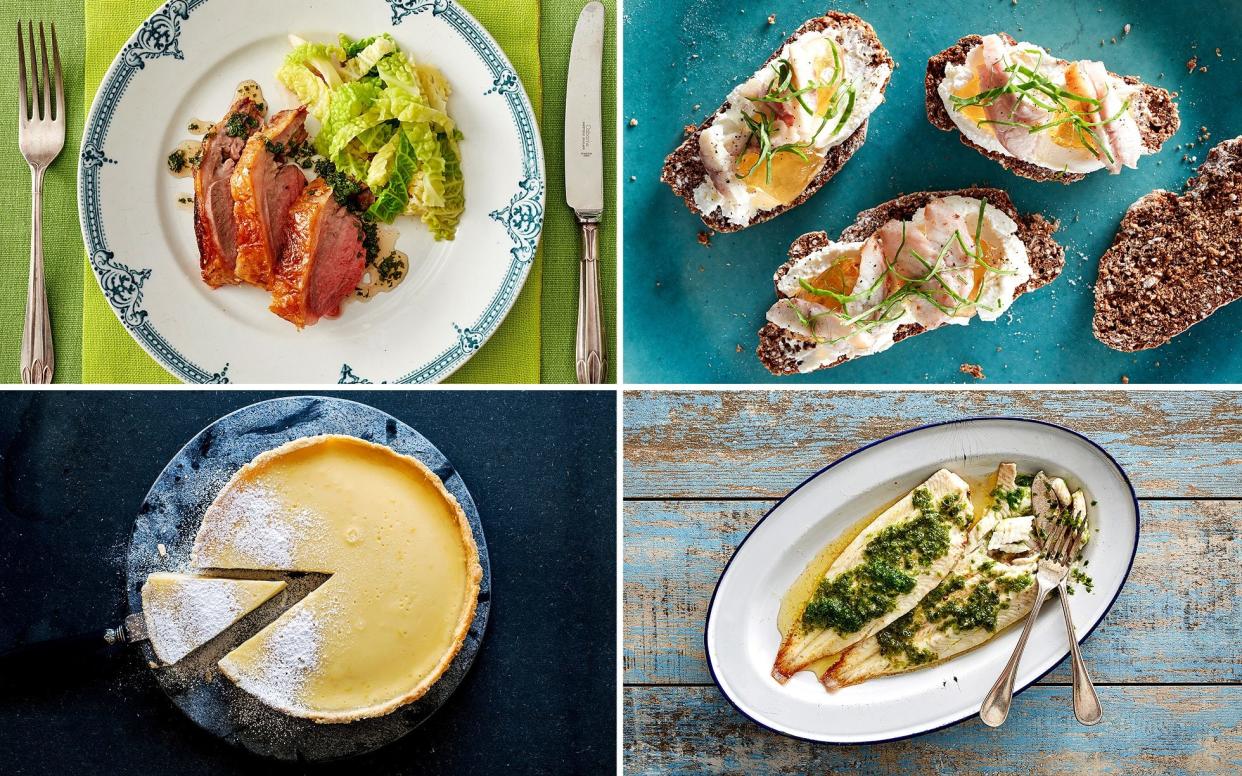 From top left, clockwise: saddle of lamb with mint sauce; soda bread with mackerel and apple jelly; slip sol with seaweed butter; lemon tart - ANDREW TWORT & ANNIE HUDSON
