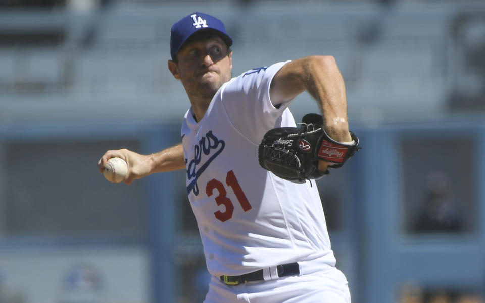 Los Angeles Dodgers starting pitcher Max Scherzer throws in the first inning against the San Diego Padres in a baseball game Sunday, Sept. 12, 2021, in Los Angeles, Calif. (AP Photo/John McCoy)