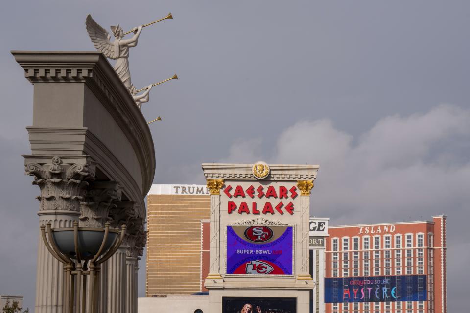 Super Bowl LVIII signage is shown on the Caesars Palace sign at S. Las Vegas Blvd on February 6.