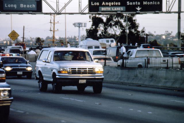 <p>Ted Soqui/Sygma via Getty</p> The white Ford Bronco, driven by Al Cowlings, carrying fugitive murder suspect O.J. Simpson, during a 90-minute slow-speed car chase June 17, 1994 on the 405 freeway in Los Angeles, California.
