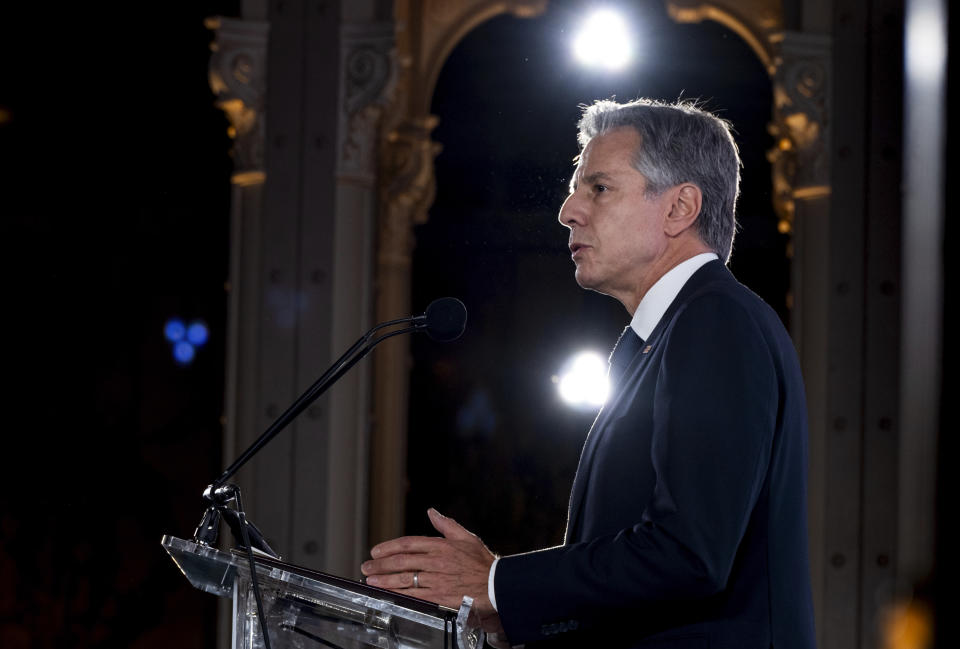 Secretary of State Antony Blinken delivers remarks at the AI for Accelerating Progress on Sustainable Development Goals Event Monday, Sept. 18, 2023, in New York. (AP Photo/Craig Ruttle)