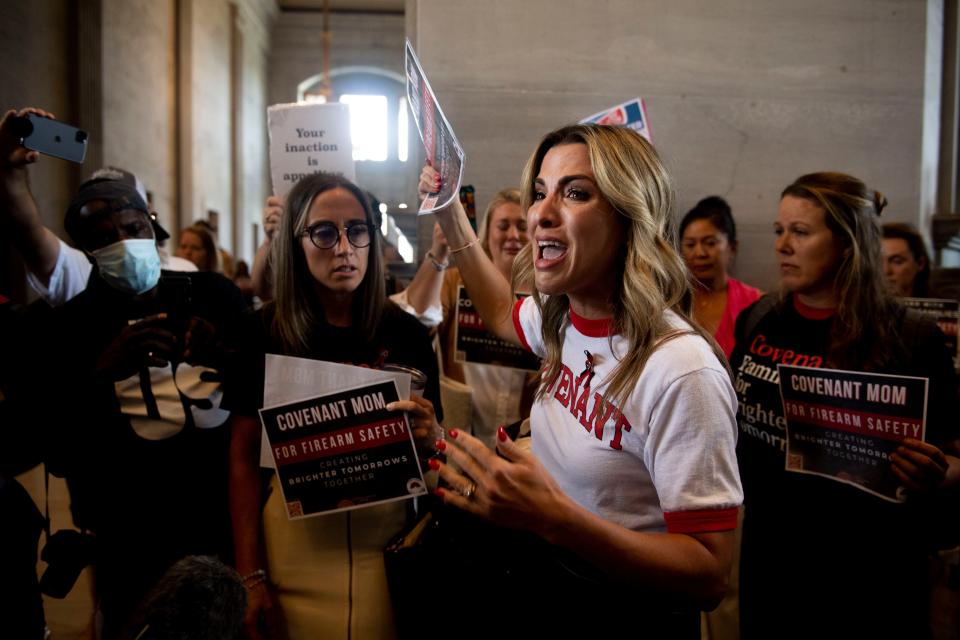 Mary Joyce, Covenant parent, weeps while speaking following the special legislative session on public safety in Nashville, Tenn., on Tuesday, August 29, 2023.