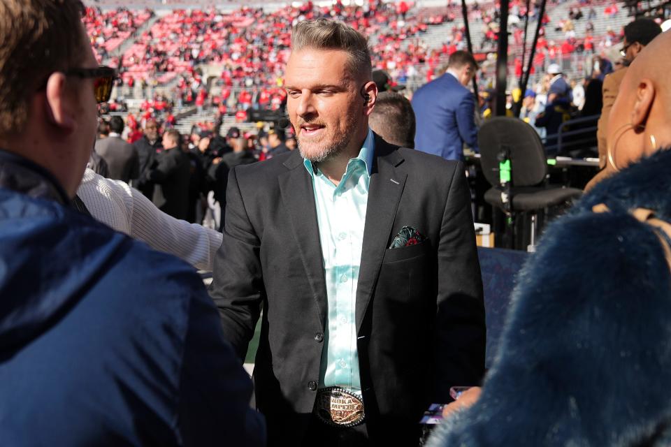 Nov 26, 2022; Columbus, Ohio, USA; Pat McAfee mingles on the sideline before taking the set of ESPN College GameDay prior to the NCAA football game between the Ohio State Buckeyes and the Michigan Wolverines at Ohio Stadium. Mandatory Credit: Adam Cairns-The Columbus Dispatch