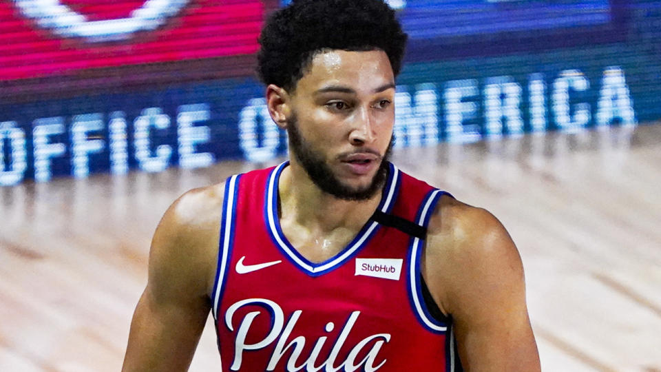 Ben Simmons is pictured during the Philadelphia 76ers' win over the Washington Wizards in the NBA bubble.