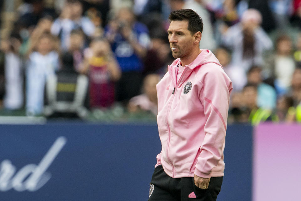 HONG KONG, CHINA - FEBRUARY 4: Lionel Messi of Inter Miami CF reacts during the preseason friendly match between Hong Kong Team and Inter Miami at Hong Kong Stadium on February 4, 2024 in Hong Kong, China. (Photo by Stephen Law/Eurasia Sport Images/Getty Images)