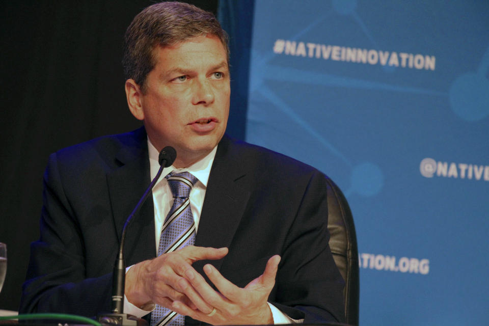 Alaska gubernatorial candidate Mark Begich, a Democrat, speaks during a debate Friday, October 19, 2018, in Anchorage, Alaska. Begich debated Republican Mike Dunleavy shortly after incumbent Gov. Bill Walker dropped his re-election bid. (AP Photo/Mark Thiessen)