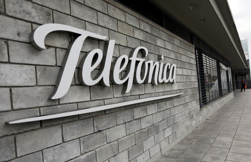 The logo of Telefonica is seen on company's headquarters in Bogota