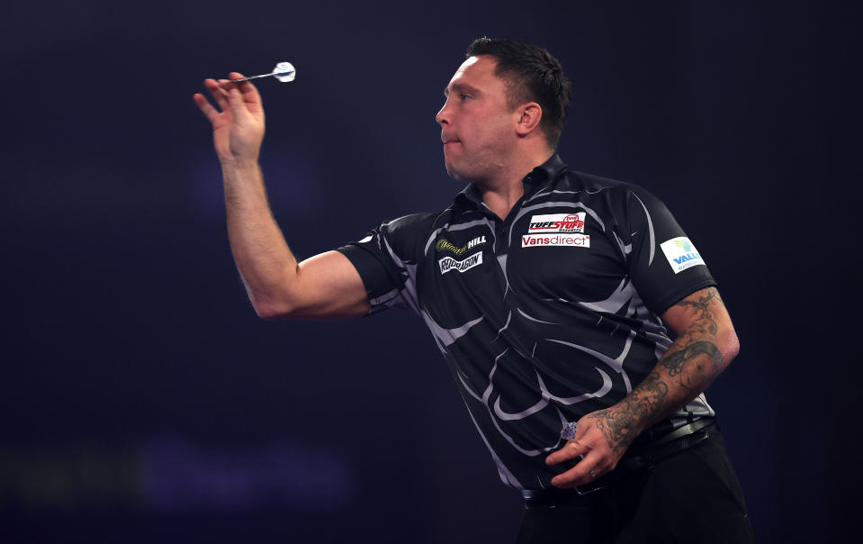 Waliser Gerwyn Price während des Finales gegen Gary Anderson 2021