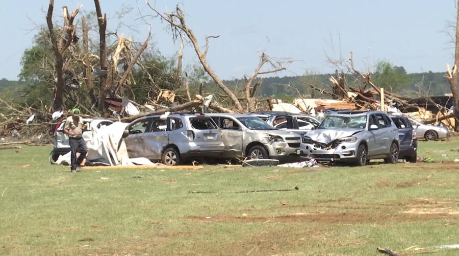 Photos of the aftermath of the tornado at the Caddo Mounds State Historic Site in 2019