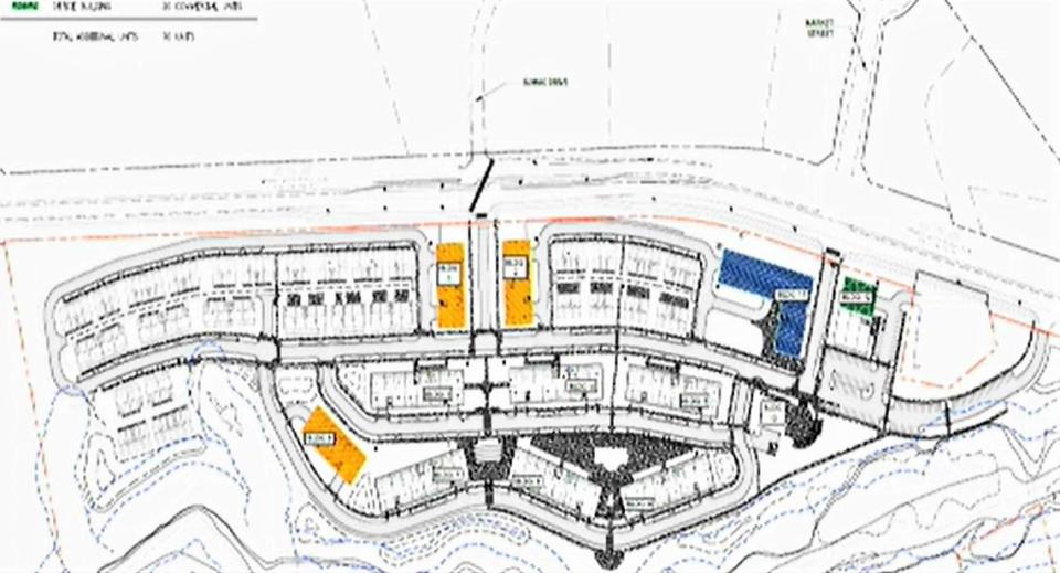 Developer Beechwood Homes is proposing hundreds of apartments, townhomes and condos for roughly 43 acres of land across U.S. 15-501 from Southern Village in Chapel Hill. The project also could include a smattering of retail (shown in blue and green on the map).