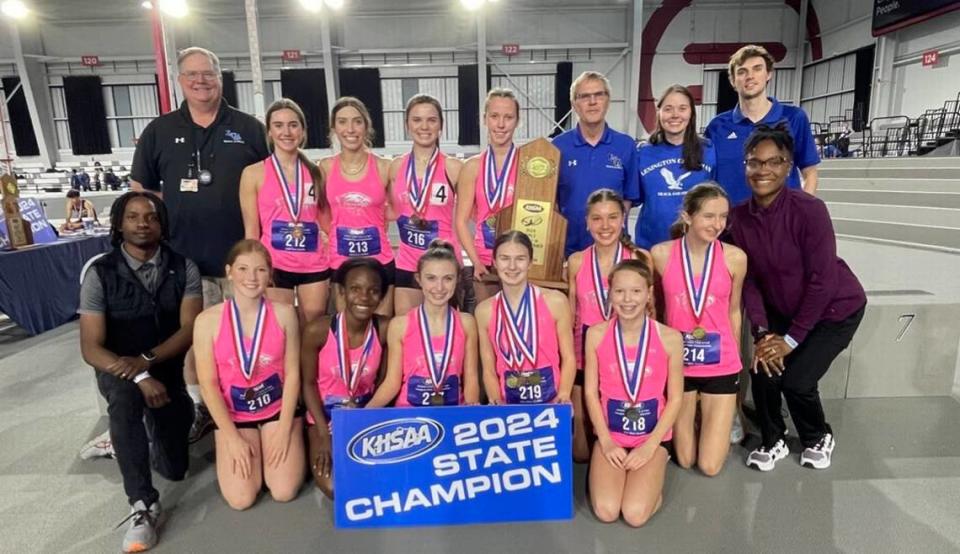 Lexington Christian’s girls track team, led by Coach Tom Stickel, back row, third from right, took first place in the Class A team standings at the inaugural KHSAA Indoor Track & Field State Championships held at Norton Healthcare Sports & Learning Center in Louisville on Sunday.