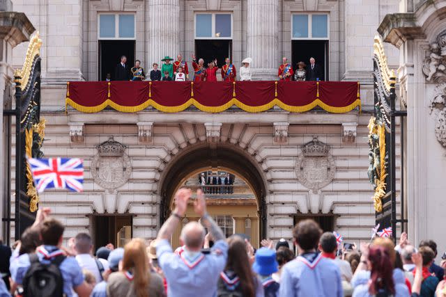 <p>ADRIAN DENNIS/AFP</p> The British royal family on the balcony at Trooping the Colour on June 17, 2023