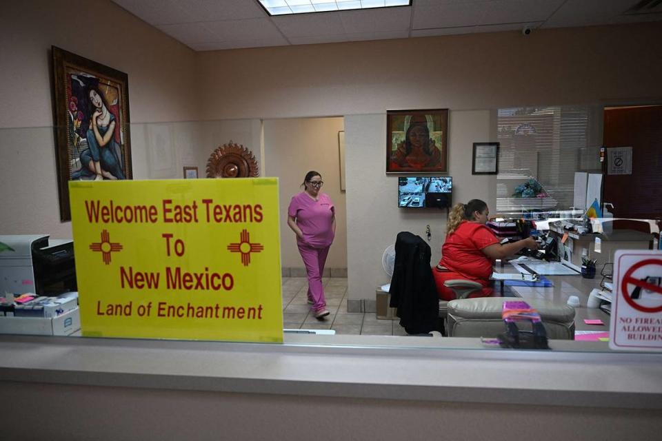 A sign welcoming patients from East Texas is displayed in the waiting area of the Women’s Reproductive Clinic, which provides legal medication abortion services, in Santa Teresa, New Mexico, on June 15, 2022. (Robyn Beck/AFP via Getty Images/TNS)