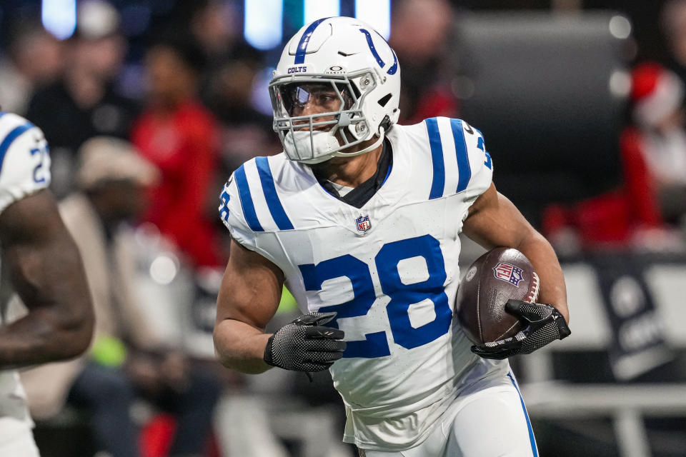 Indianapolis Colts running back Jonathan Taylor (28) runs with the ball on the field prior to the game against the Atlanta Falcons at Mercedes-Benz Stadium. Mandatory Credit: Dale Zanine-USA TODAY Sports