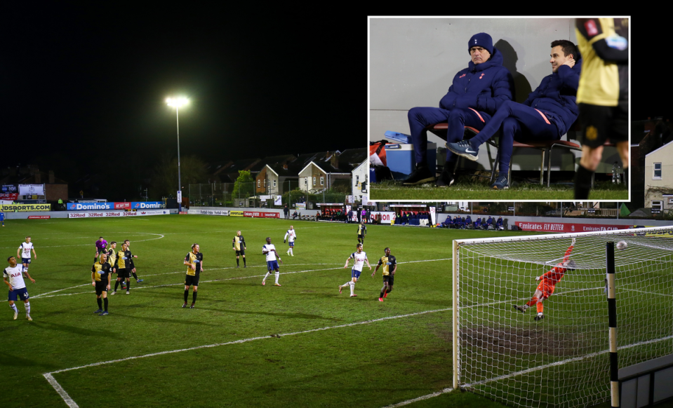 Carlos Vinicius completes his hat-trick for Spurs as Jose Mourinho watches on (Getty Images)