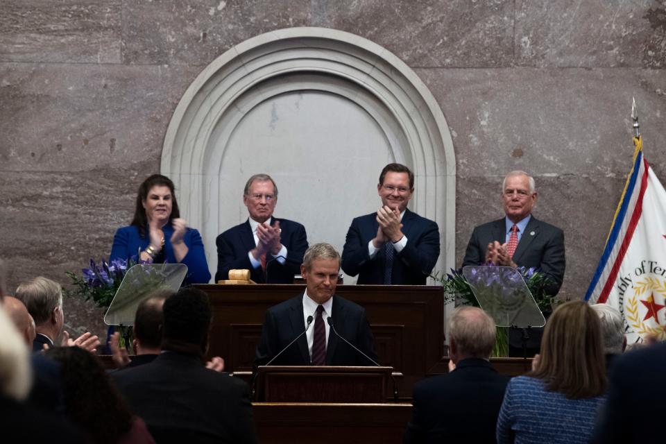 Gov. Bill Lee finishes his State of the State address to the Tennessee General Assembly in the House chamber of the Capitol in Nashville, Tenn., Monday, Feb. 5, 2024.